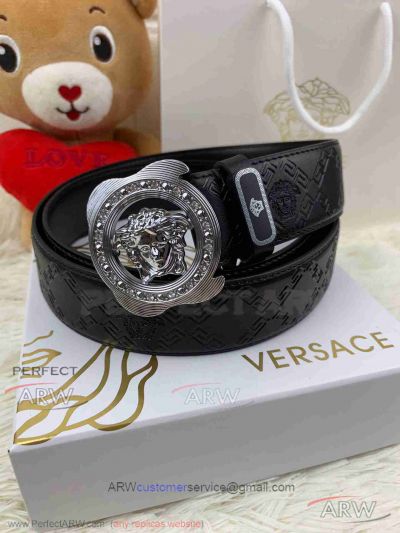 AAA Versace Medusa Head Leather Belt - Silver Diamond Buckle